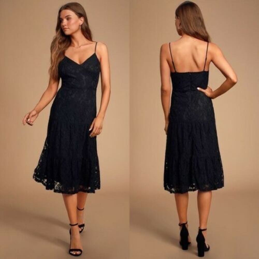 Lulus Manning Black Lace Tiered Midi Dress NWT S